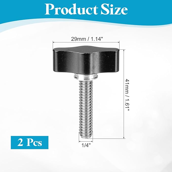 PATIKIL Clamping Screw Knob 1/4" x 1.63", 2Pcs Aluminum Alloy t Shaped Camera Thumb Screws for DSLR Flash Bracket Light Stand Adapter Action Sports Camera Mounting System, Black