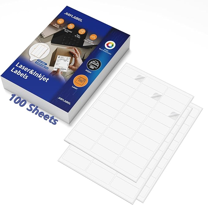 Shipping Label Return Address Mailing Stickers Paper 1" x 2-5/8" for Inkjet Printer Printing Printable Easy to Peel to Write on Envelope Blank Matte White 8.5 x 11, 100 Sheets