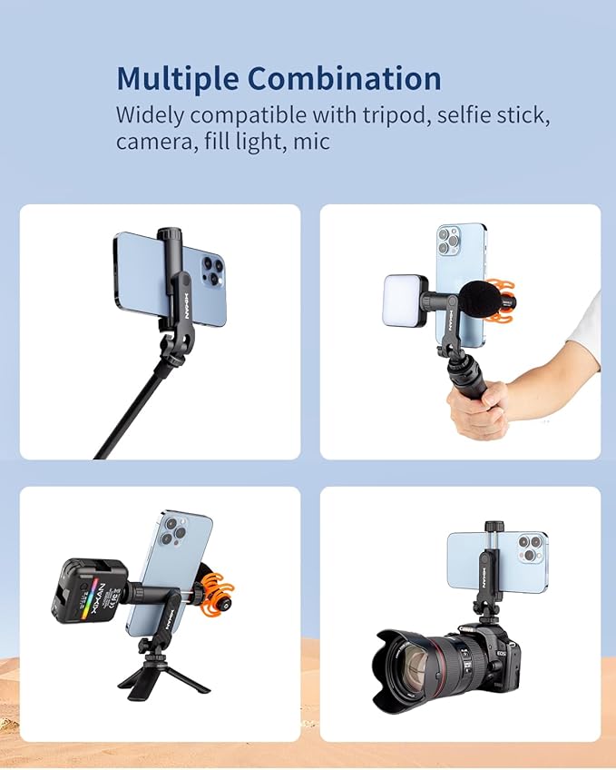 Phone Tripod Mount Adapter with Cold Shoes and 1/4" Screw, 360° Rotates and 180° Tilts Adjustable Cell Phone Clamp Holder, Compatible with iPhone Samsung and Universal Smartphone for Photography