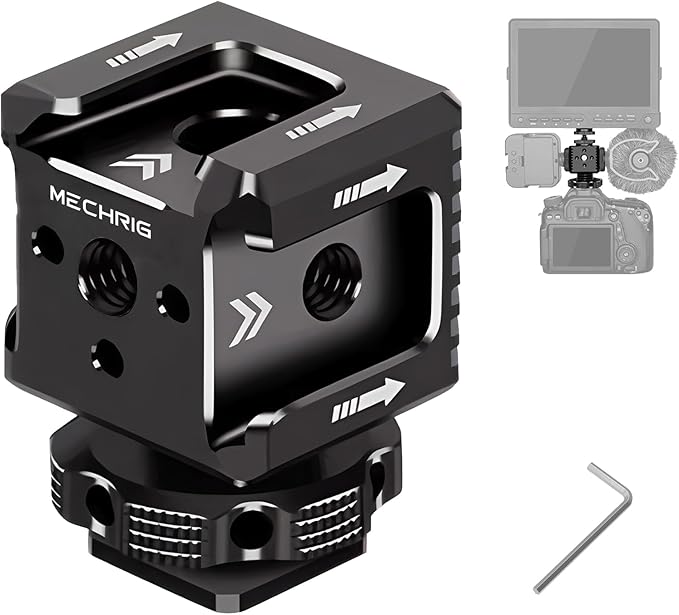 Triple Cold Shoe Mount with 1/4" Thread, Aluminum Camera Hot Shoe Extension Bracket with 3 Port Cold Shoe Mounts for LED Video Light Monitor Microphone Camera Cage (62011)