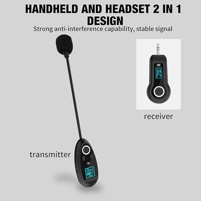 2.4G UHF Wireless Microphone System, Microphone Headset with 3.5mm 6.35mm Plug, Clear Sound Quality, Plug and Play, Wireless Mic for Speakers Fitness Instructor Tour Guides (1 for 2)