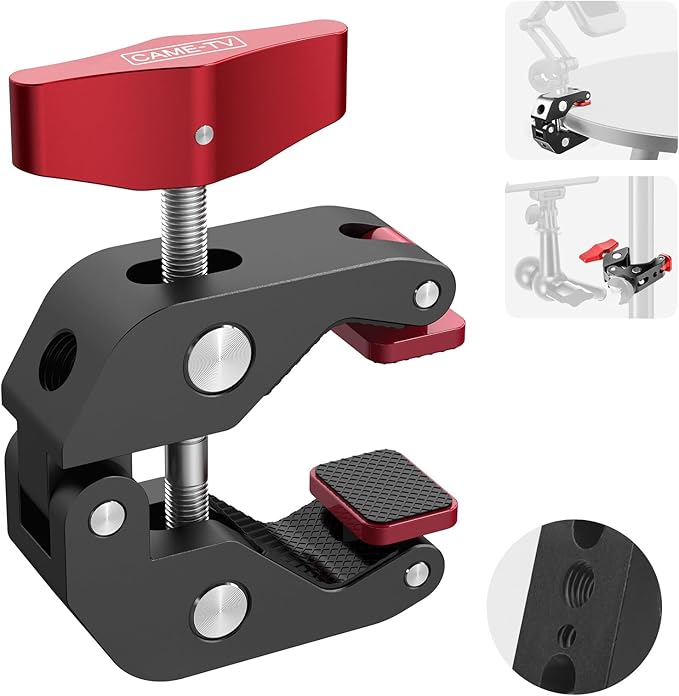 Came-TV Super Clamp Camera Mount with 1/4" and 3/8" Thread Holes, Aluminum Crab Clamp Mount with Locating Holes/Rubber Pads for Most Photographic Accessories, Max. Load 8.8lbs (64003B)