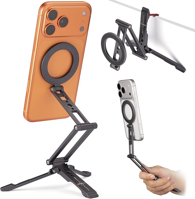 Ultra-Compact Magnetic Tripod Stand: Aluminum Phone Mount for iPhone 17/16/15/14/13/12 Pro Max, Adjustable Cellphone Holder with 1/4” Screw & Travel Hook (Grey)