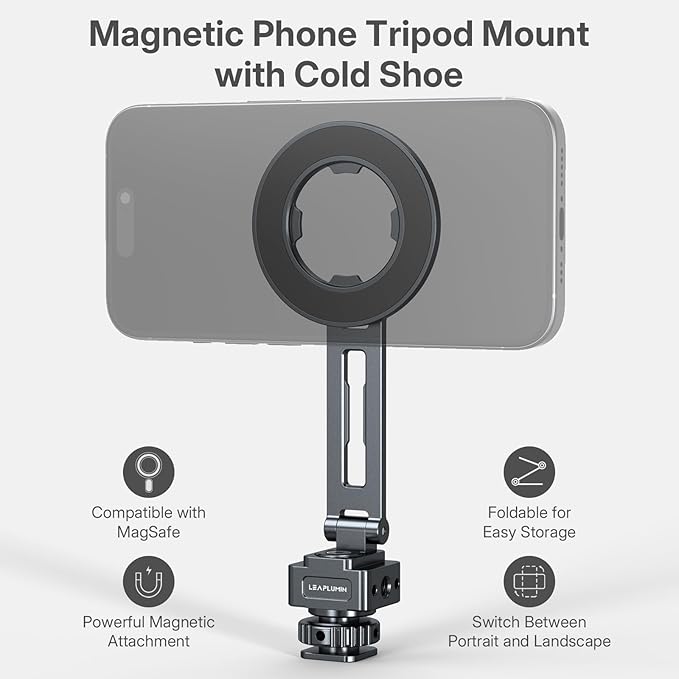 Magnetic Tripod Holder Mount Adapter for iPhone & iPad, Aluminum Tripod Mount Adapter with 1/4” Screw Hole & Cold Shoe for Camera, Compatible with iPhone 16/15/14/13 Series