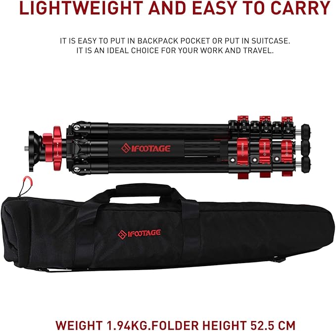 IFOOTAGE TC5S Carbon Camera Tripod, Professional 4-Section Center Pole Video Tripod, 360 ° Rotation Ball Head 59“