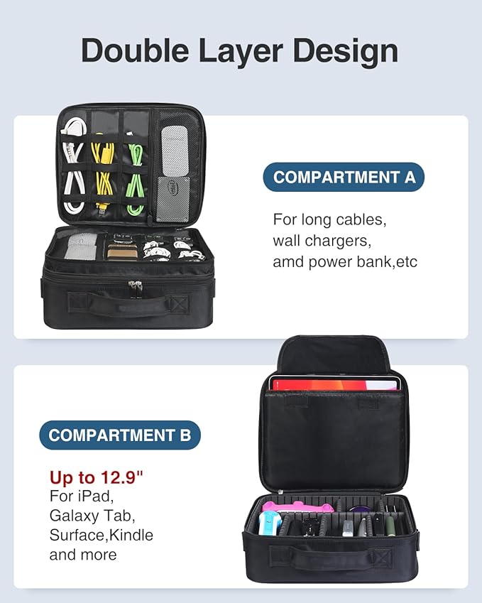 Luxtude Electronic Organizer Travel Case Large, Double Layer Tech Carrying Case, Home Electronics Bag Fits for iPad (Up to 12.9 in), Sturdy Storage for Dji, Camera