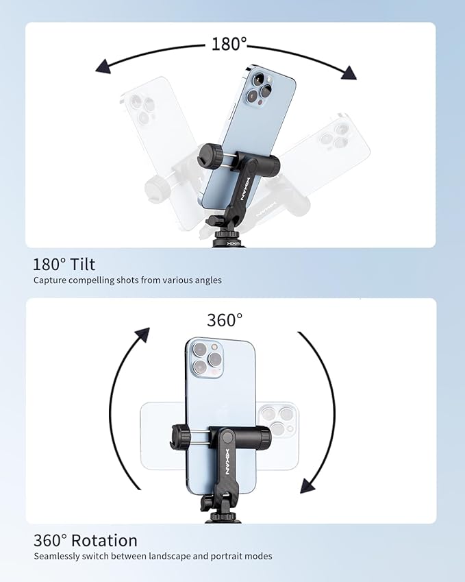 Phone Tripod Mount Adapter with Cold Shoes and 1/4" Screw, 360° Rotates and 180° Tilts Adjustable Cell Phone Clamp Holder, Compatible with iPhone Samsung and Universal Smartphone for Photography