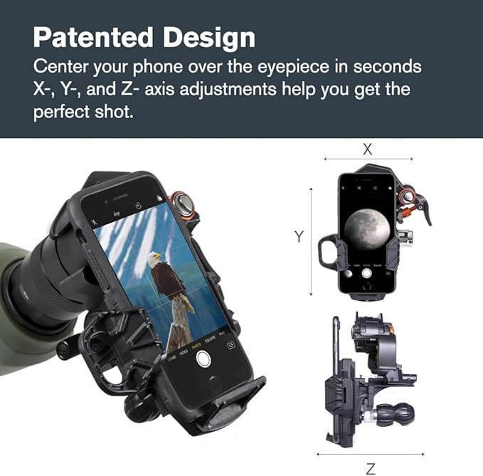 Celestron – NexYZ DX – Universal Smartphone Adapter for Telescope, Binoculars & Spotting Scopes – 3-Axis Precision Alignment – Capture Images & Video Through Your Optics – Includes Bluetooth Remote