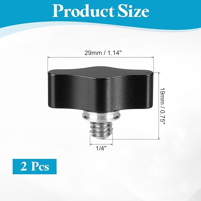PATIKIL Clamping Screw Knob 1/4" x 0.75", 2Pcs Aluminum Alloy t Shaped Camera Thumb Screws for DSLR Flash Bracket Light Stand Adapter Action Sports Camera Mounting System, Black