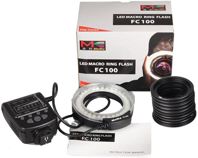 Meike LED Macro Ring Flash Light FC-100 Compatible with Canon N Pentax Olympus DSLR Camera Camcorder with Adapter Rings