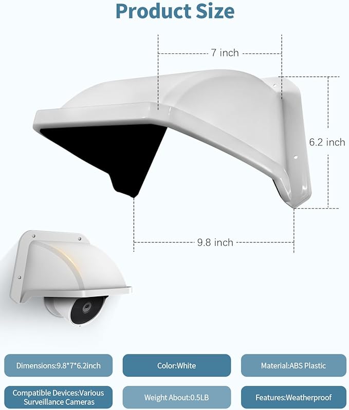Universal Sun Rain Cover Shield, Outdoor Security Cameras Cover, Backup Camera Rain Shield for Surveillance System, Weatherproof White Case