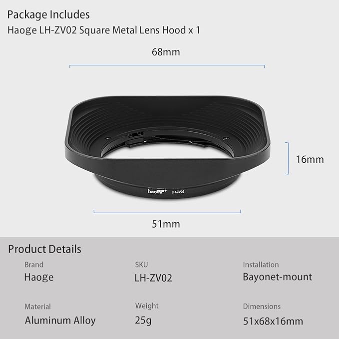 Haoge LH-ZV02 Square Metal Lens Hood for Carl Zeiss Biogon T* 2/35 35mm f2 ZM, C Biogon T* 2.8/35 35mm f2.8 ZM, Planar T* 2/50 50mm f2 ZM; Voigtlander NOKTON CLASSIC 35mm f1.4 VM, 40mm f1.4 VM as LH-6
