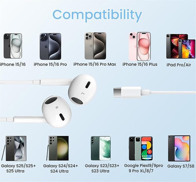 2 Pack USB C Headphones for iPhone 17/16/15 Pro Max, Wired in-Ear Earphones Type C Earbuds with Mic & Volume Control Compatible with iPhone 17/16/15 Plus/Air/Pro, iPad Pro, Most USB C Jack Device