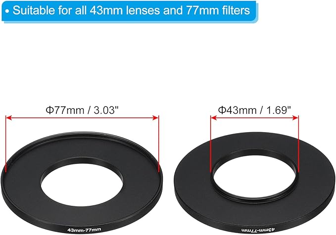 PATIKIL 43mm-77mm Metal Step Up Ring with Cleaning Cloth, 2 Pack Camera Lens Filter Adapter Ring Aluminum Filter Adapter Ring for Camera Lenses Hood, Black