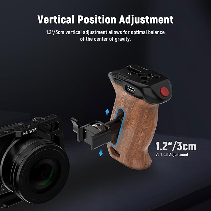 NEEWER Wooden Side Handle with Record Start/Stop Remote Trigger NATO Clamp 1/4" & 3/8" Threads Vertical Adjustment 22lb Load Compatible with SmallRig Camera Cage Sony Fujifilm Panasonic, CA123