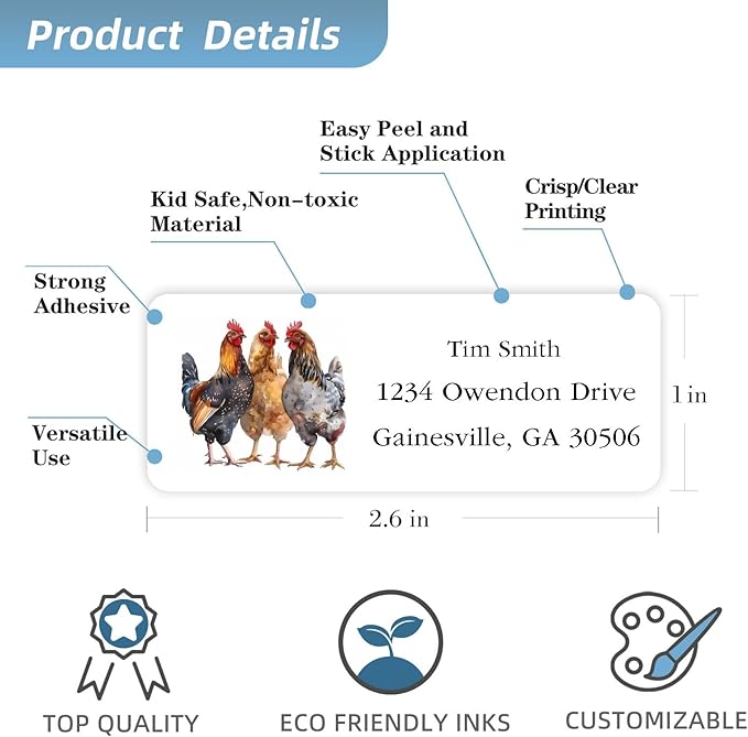 Address Labels Personalized Return Address Labels, 2.6" x 1" Farm Chicken Custom Mailing Label for Envelopes (30-1200) Customized Self Adhesive Stickers Printable Mail Envelope Adress Label, White