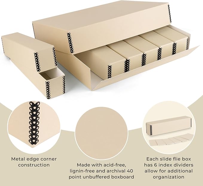 Golden State Art, Archival Slide Storage Box, Acid-Free Metal Edge Organizer With 6 Inner File Cases, Holds Up to 840 Films, For Storing Photos and Negatives, 15.5" x 11.5" x 3" (Tan)
