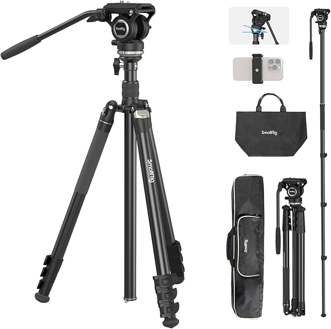 SmallRig CT210 Video Tripod, 75" Video Camera Tripod Monopod with +/-15° Leveling Base Fluid Head, Professional Camera Tripod Compatible with Video Camera, DSLR, Camcorder-4475