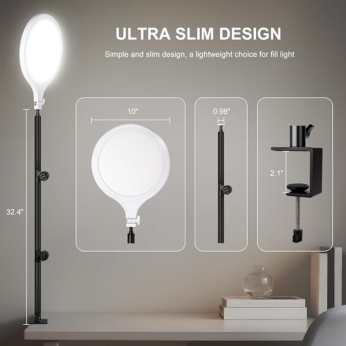 Desk Ring Light with Stand & Clamp, 10'' Dimmable Video Conference Lighting for Zoom/Teams, Streaming Light with 360° Adjustable Arm for Home Office, Podcast, YouTube, TikTok