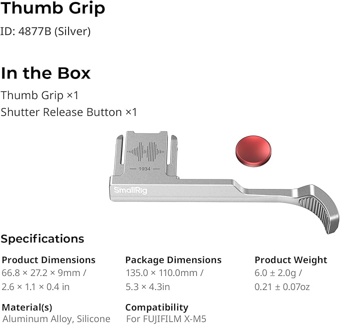 SmallRig Thumb Grip with Hot Shoe Cover for FUJIFILM X-M5 (Silver) - 4877