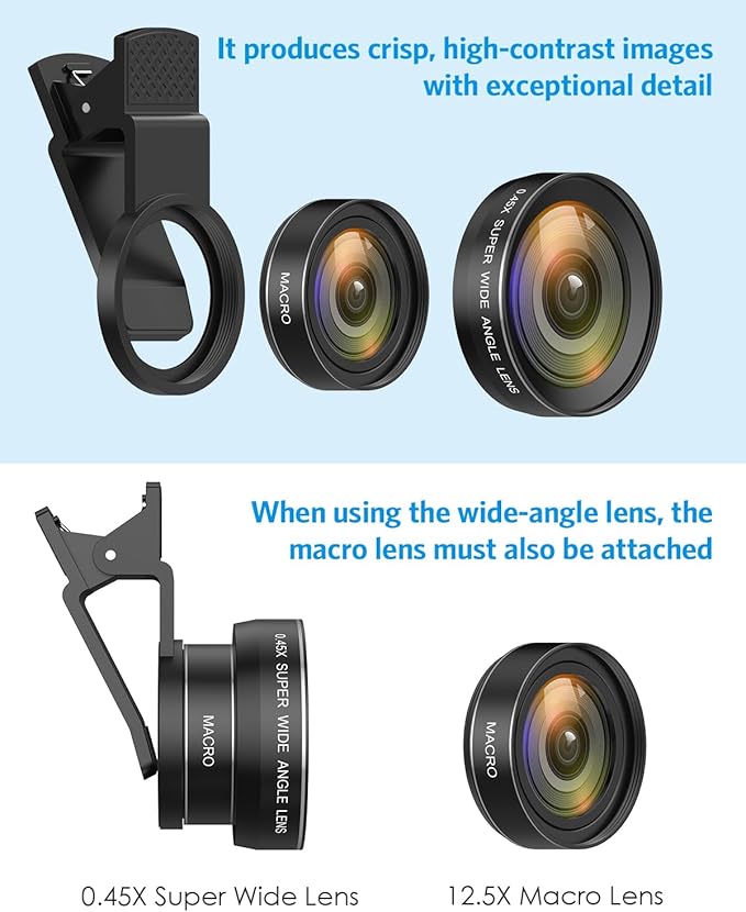 AMIR Phone Camera Lens Kit, 2026 New 0.45X Super Wide Angle Lens with 12.5X Macro Lens, 2-in-1 Clip-On Universal Lens Compatible with iPhone 15/14/13/12, Samsung Galaxy S and Most Smart Phones
