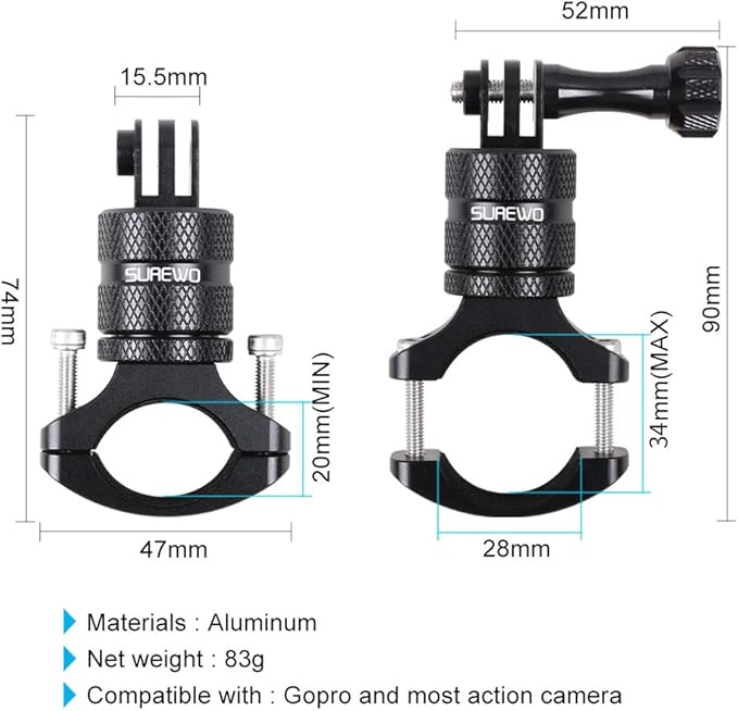 SUREWO Bike Mount for Action Cameras, Aluminum Handlebar Mount Compatible with GoPro Hero 13/12/11/10/9/8/7/6/5 Black, GoPro Max, DJI Osmo Action 5/4/3/2, Crosstour and More