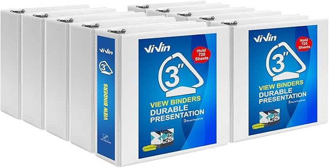 ViVin Durable 3 inch D Ring View Binder, Large 3" Slant-D Ring with 725-Sheet Capacity, Fit 8.5" x 11" Paper, 10 Pack(White)