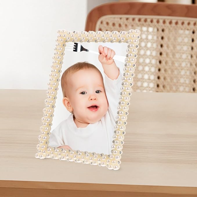 NOLITOY 5x7 Vintage Pearl Picture Frame, Ornate White Resin Desktop Photo Display with Stand, Antique Aesthetic Decorative Frame for Wedding, Anniversary & Home Tabletop Decor
