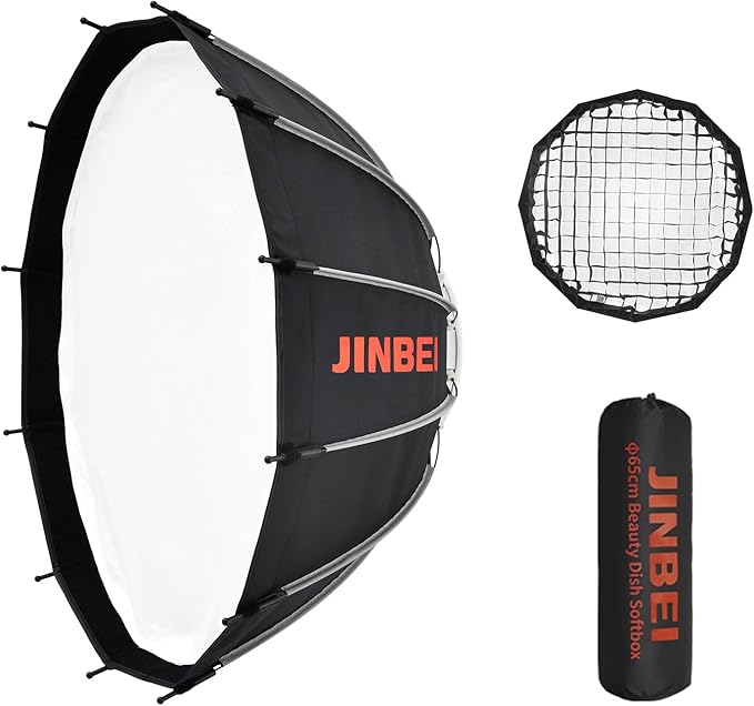 JINBEI 25.6"/65cm Deep Beauty Dish Softbox Quick Release Softbox with Diffusers/Honeycomb Grid/Bag Compatible with JINBEI EF80/EF80Bi and Other Bowens Mount Lights for Photography, Live Streaming