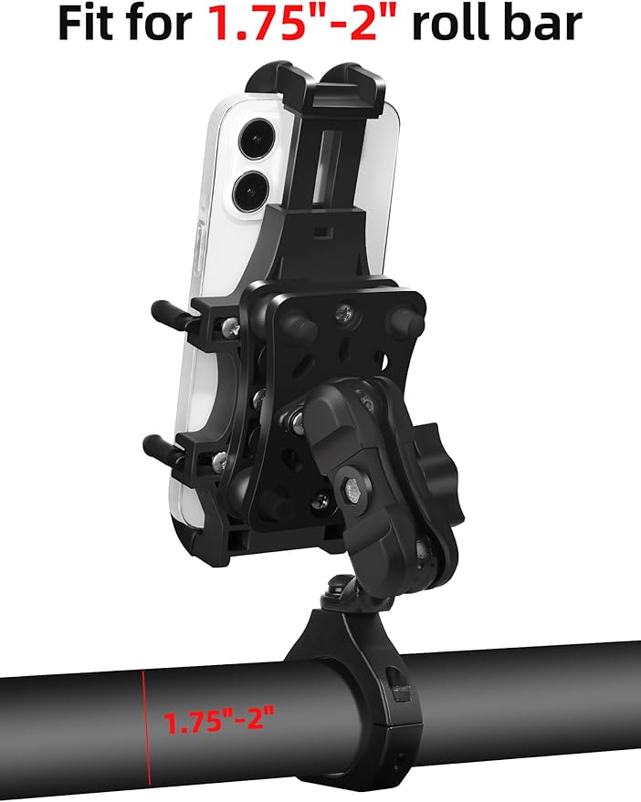 Anti-Vibration UTV Phone Mount Heavy Duty, Full Protection SXS Phone Holder with Aluminum Bracket Fit for 1.75-2" Roll Cage, Adjustable UTV Cell Phone Holder Holds 4.7-7.1" Phones