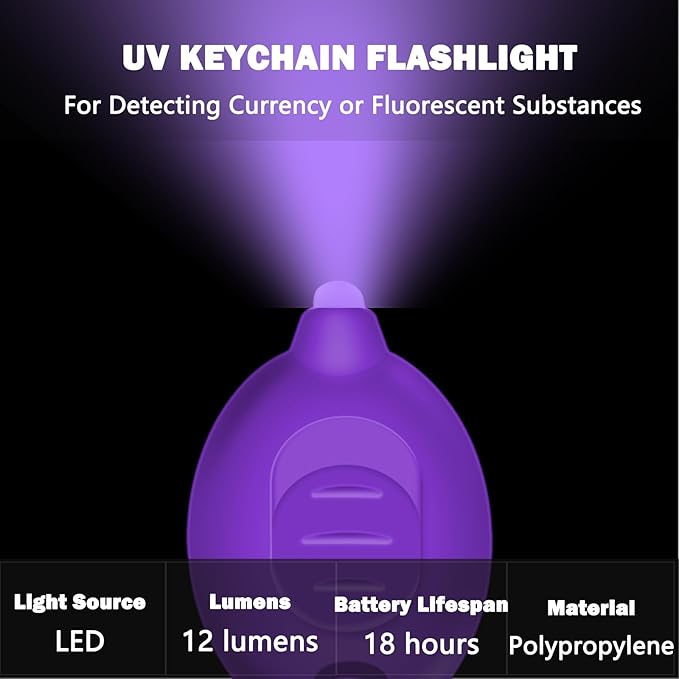 Mini UV LED Keychain Flashlight, Compact 395nm Blacklight, Portable Pocket UV Flashlight for Detecting Stains, Scorpions, and Fluorescent Elements - 6 Pack