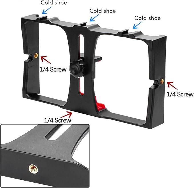 Phone Video Camera Cage, ABS Handheld Smartphone Video Stabilizer Rig, Adjustable Clamp 4.3-10.8cm - Lightweight Durable Design, Multi - Cold Shoe Mounts, Ideal for Livestreami (Red)