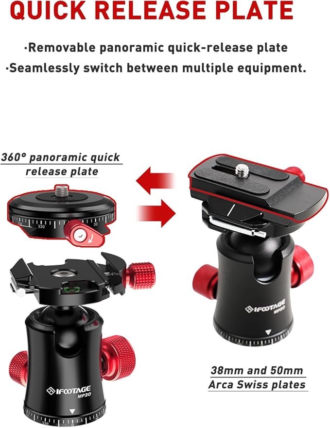 IFOOTAGE Komodo MP30 Ball Head,Metal 360° Rotating Ball Head with Panoramic Quick Release Plate, Compatible with Digital SLR（Load 22lbs）