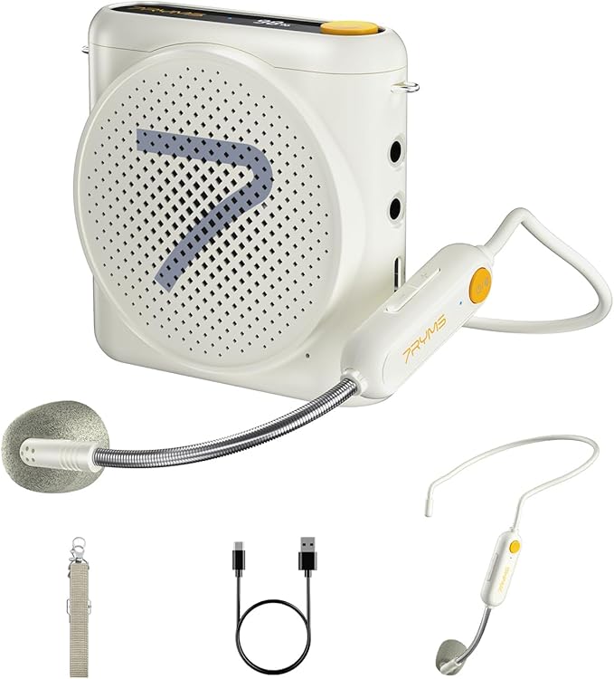 7RYMS WA1 Wireless Voice Amplifier with Headset Microphone for Teachers, Personal Power Amplifier with Noise Canceling, 164ft Range, 23H Working, Microphone Speaker for Teaching, Speech, Yoga(White)