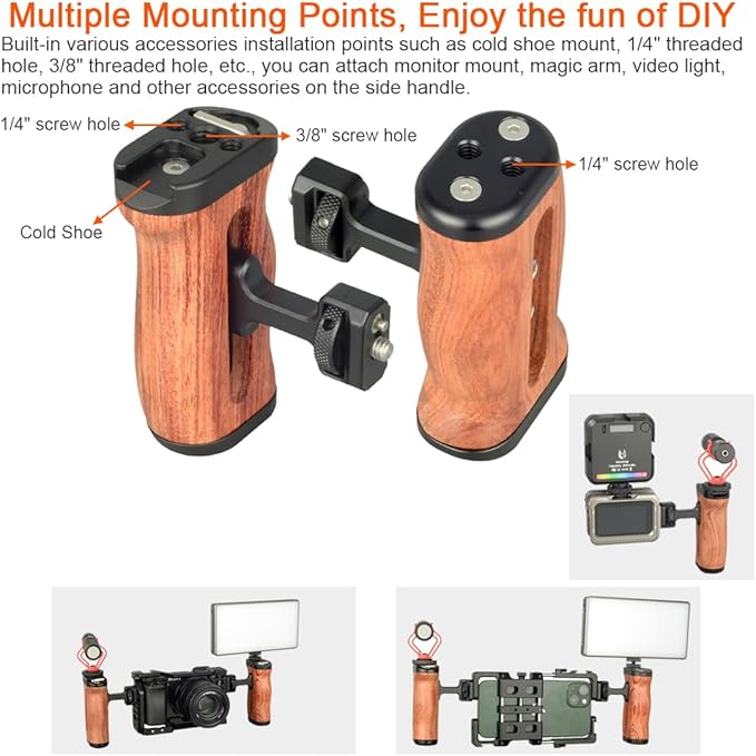 Wooden Camera Cage Side Handle Grip with 1/4" Screw Locating Mount for ARRI, Mini Side Handle for Smartphone Cage Video Rig and Action Camera Cage Compatible with Gopro/Insta360/DJI Osmo