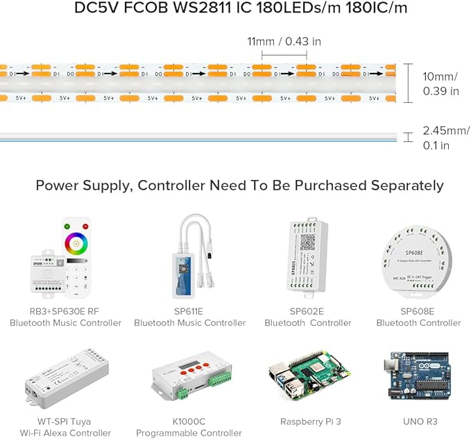 BTF-LIGHTING FCOB COB WS2811(WS2812B) IC RGB 180LED/m 360IC LED Strip DC5V 6.5FT Individual Addressable Flexible High Density Uniform Light Dream Chasing Color 10mm Width(NO Adapter or Controller)