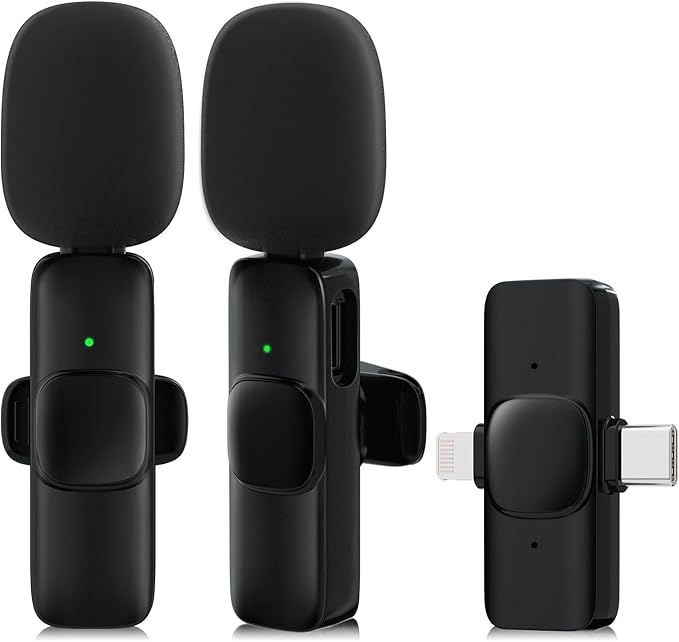 2 Pack Wireless Lavalier Microphone for iPhone,Android, USB C, Clip-on Mics, Bluetooth Lapel Mic for Video Recording Interview Vlog YouTube TikTok