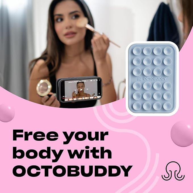 OCTOBUDDY Classic - Silicone Suction Phone Case Adhesive Mount - Hands-Free, Strong Grip Holder for Selfies & Videos - iPhone & Android Compatible - 2.25″ x 3.25″, Baby Blue