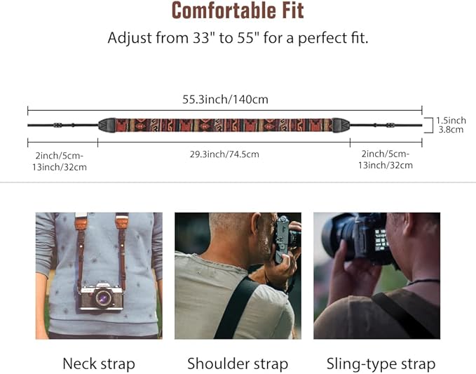 MoKo Camera Strap, Retro Cotton Canvas Woven Strap Universal Shoulder Neck Strap Belt for ALL DSLR/SLR Cameras Canon/Sony/Nikon, Adjustable Thin Strap for Adults & Kids, Bohemia Dark Orange