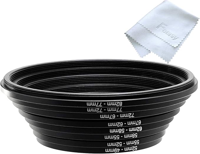 Fotasy Filter Step Down Ring Set, Anodized Metal Black, 8 Stepping Down Lens Adapter Rings, 82-77mm 77-72mm 72-67mm 67-62mm 62-58mm 58-55mm 55-52mm 52-49mm Step Down Ring (SRD)