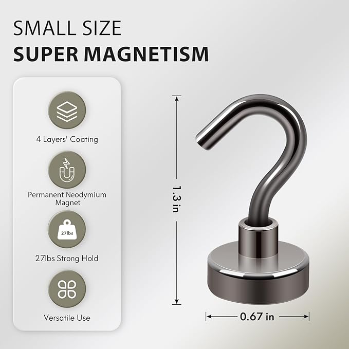Neosmuk Magnetic Hooks, Cruise Ship Essentials, 30lb+ Heavy Duty Magnetic Hooks for Cruise Cabins, Refrigerator, Grill, Hanging, and Travel | Extra Strong Must-Haves Magnet Hook,Gunmetal,5 Pack