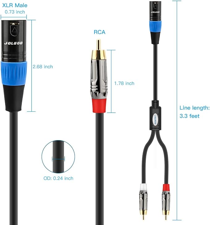 Unbalanced Dual RCA to XLR Male Y Splitter Patch Microphone Cable, 1 XLR Male to 2 RCA Male Y Adapter Cord Cable, 3.3 Feet