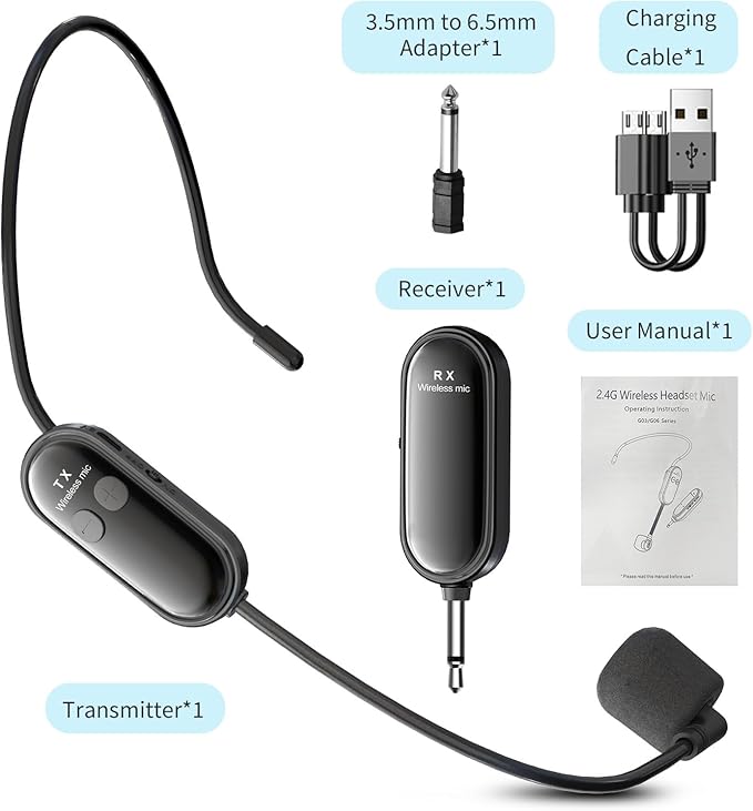 XIAOKOA Wireless Microphone Headset, 2.4G Head Microphones System, USB-C Charging, 100ft Range, Mic for Speakers Voice Amplifier PA System Teaching Fitness Instructor Tour Guide