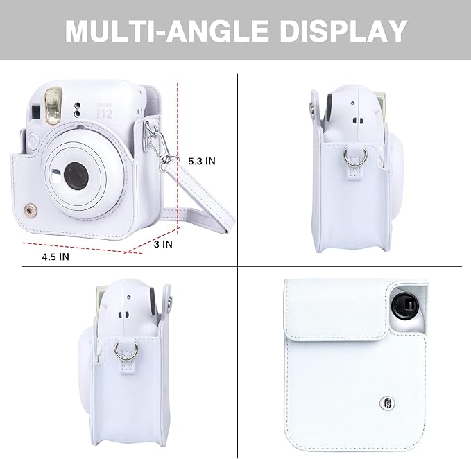 CAIYOULE Camera Case for Fujifilm Instax Mini 12 Instant Film Camera, Retro Leather Protective Camera Crossbody Bag for Fuji Mini 12 with Photo Album, Adjustable Shoulder Strap, Clay White-No Camera