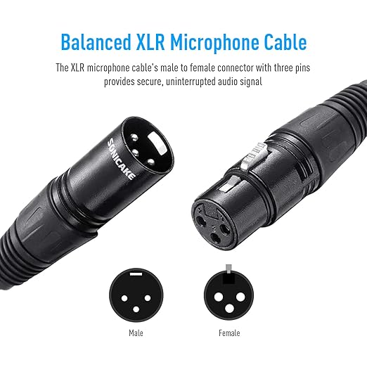 SONICAKE XLR Microphone Cable Male to Female 3 Pin Nylon Braided for Studio Recording and Live Production 6 Feet/2M, Black