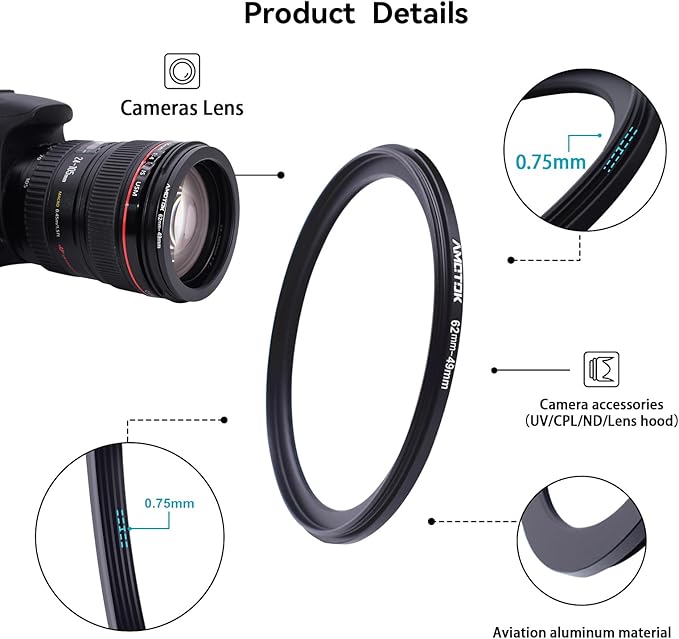 62mm Lens to 49mm Camera Lens Adapter,62mm to 49mm Filter Step-Down Ring Adapter Ring,Compatible All 49mm Filter Accessory