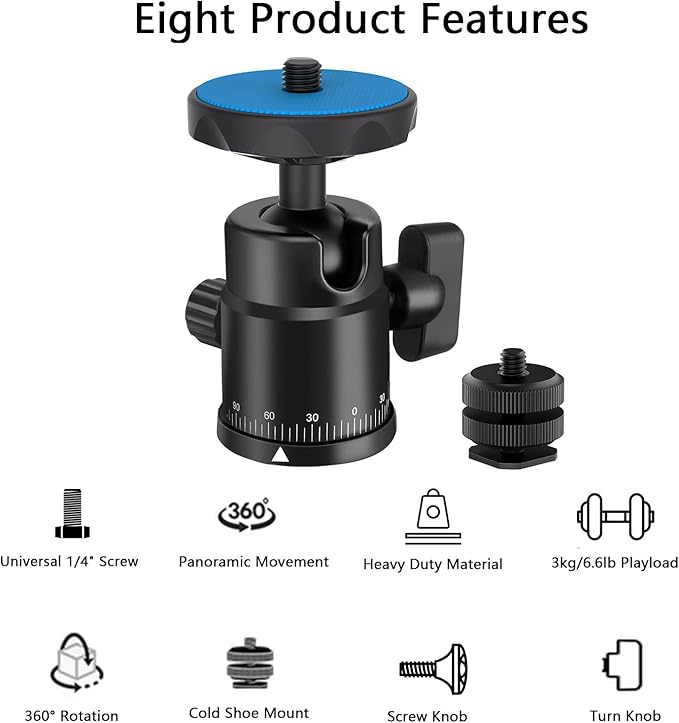 Universal 1/4" Swivel Mini Ball Head Screw Tripod Mount with Hot Shoe Mount, EszkozTA 360° Panoramic Rotating Mount Base Adapter for DSLR Cameras HTC Vive Tripods Monopods Light Stand