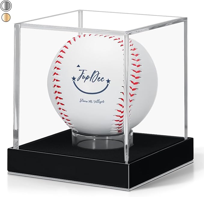 JupDec Baseball Display Case for Single Autograph Ball, Clear Acrylic Cube Baseball Holder with Velvet Interior, UV Protected Stand Box with Durable Base, Ideal Gift for Sports Fans, Silvery, 1 Pack