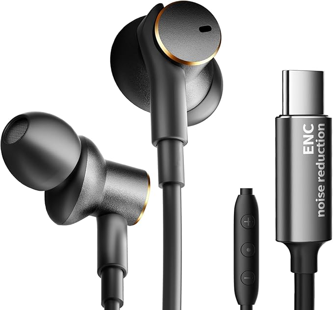 Premium Wired Ear bud with ENC Noise Reduction-Rich Deep Bass Dual-Driver In-Ear Eerphones,Call Noise Cancellation Earbuds USB C,Noise-Isolating Headphone Wired Volume Control (USB Type C Plug)