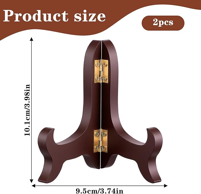 2 PCS Wooden Plate Stands for Display, 4" Easel Plate Holder Brown Folding Picture Frame Stand Small Decorative Plate Stand for Display Picture Frame Book Dish Artwork Easels